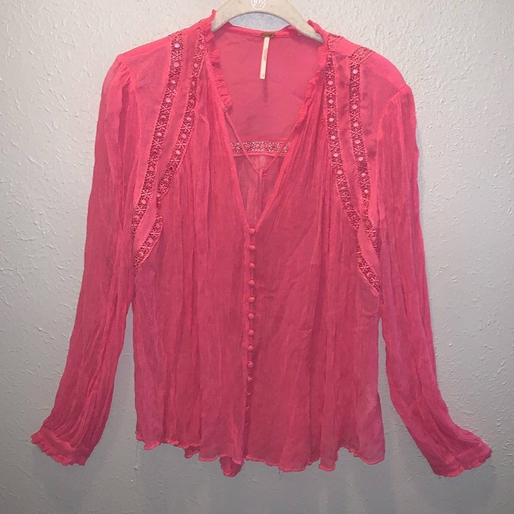 Free People Spring Summer Pink Blouse Top Lace Detail Women’s Sz Large
